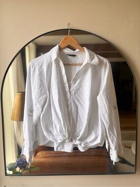 ZARA | tie front 3/4 sleeve linen blouse | size medium